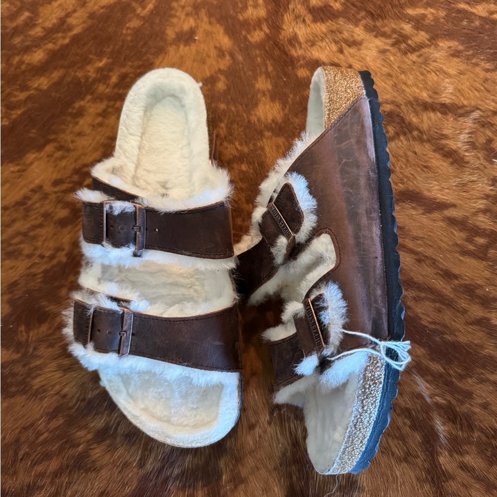 birkenstock arizona genuine shearling lined slide sandals